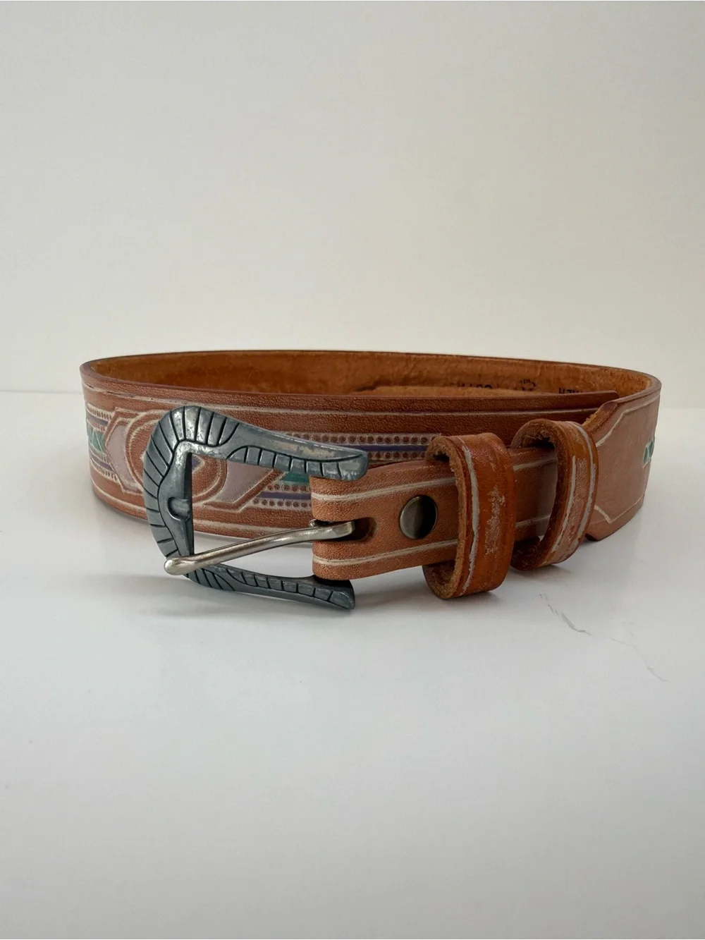 Silver Creek Vintage Southwestern by Leegin Leather Belt Sz 28 USA Western 90s